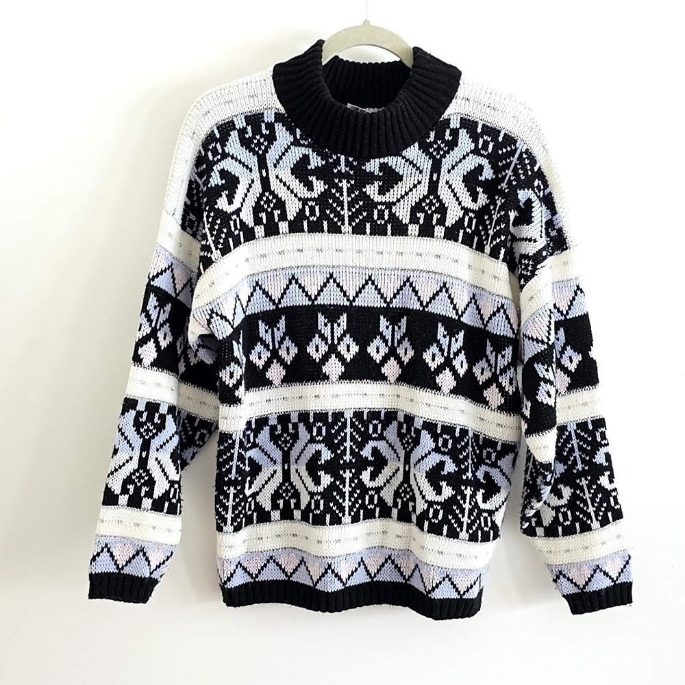 Vintage Croquet Club Womens sz S Sweater Black White Nordic Mock Neck Grannycore